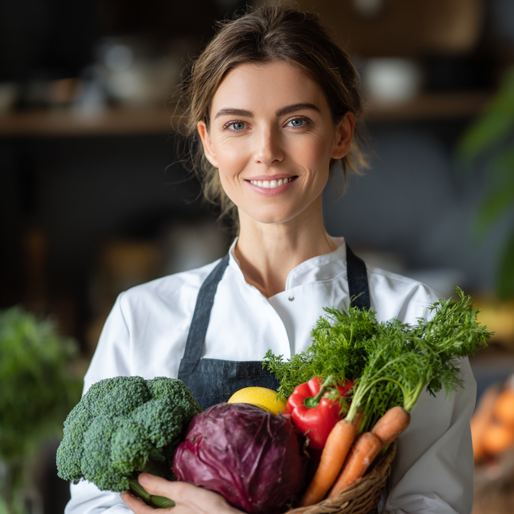 Щаслива молода жінка європейської зовнішності віком близько 30 років з усмішкою тримає тарілку зі здоровою їжею на кухні, фотореалістичний стиль